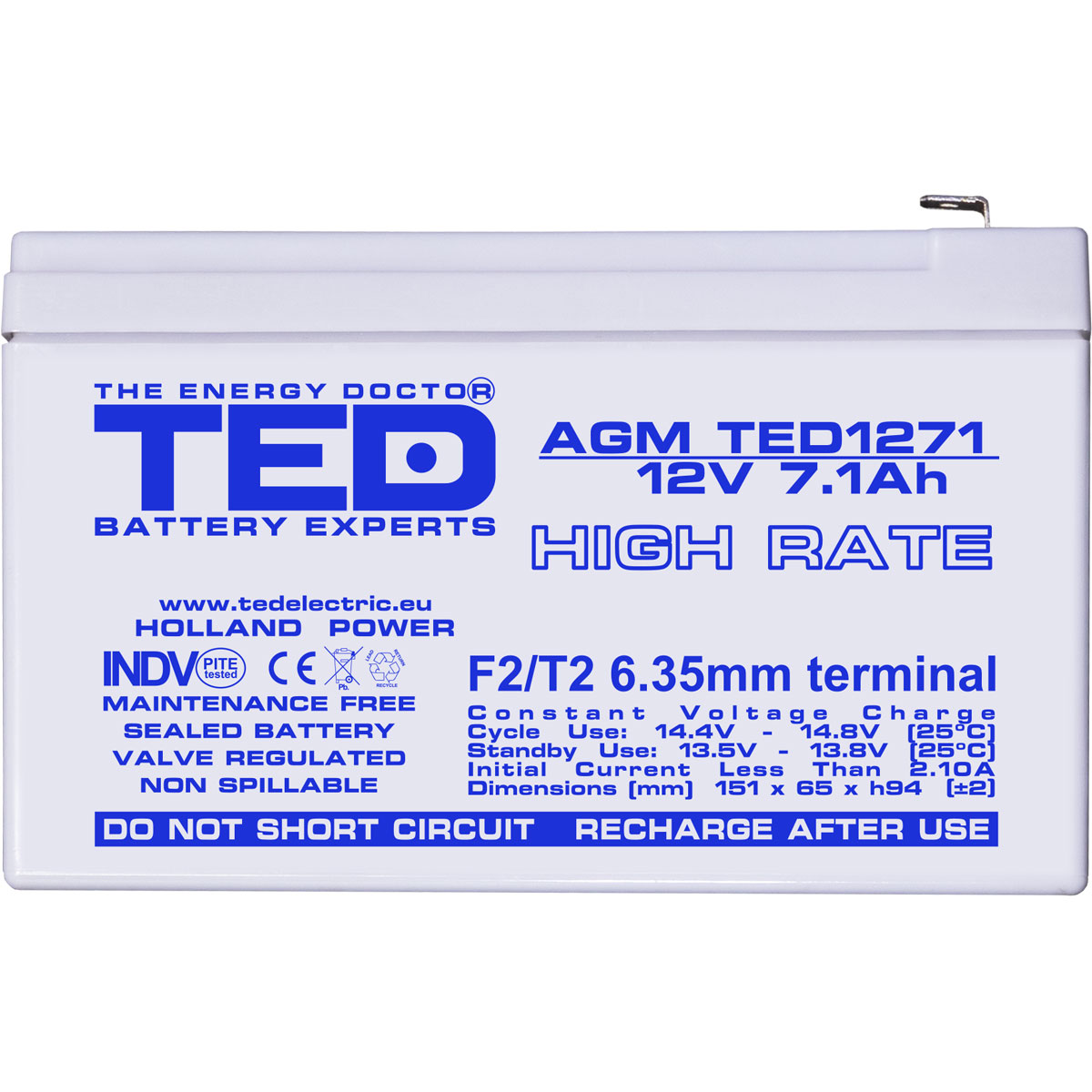 Acumulator AGM VRLA 12V 7,1Ah High Rate Dimensiuni 151 x 65 x 94 mm F2 - TED003300 (5) - imagine 2