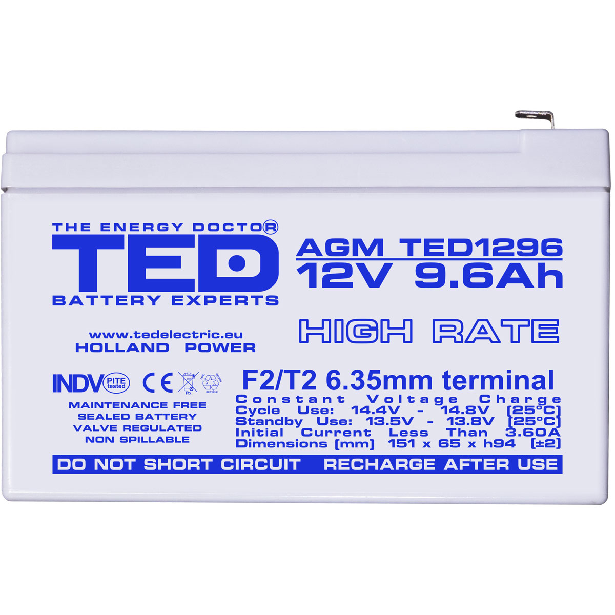Acumulator AGM VRLA 12V 9,6Ah High Rate Dimensiuni 151 x 65 x 94 mm F2 - TED003324 (5) - imagine 2