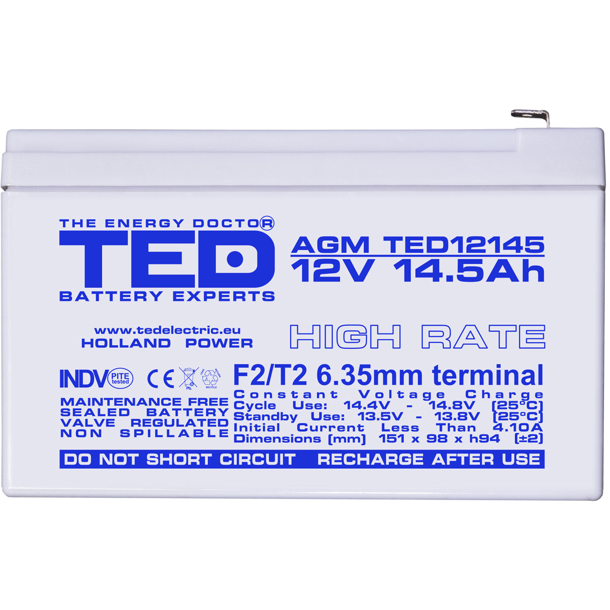 Acumulator AGM VRLA 12V 14,5Ah High Rate Dimensiuni 151 x 98 x 94 mm F2 - TED002792 (4) - imagine 2
