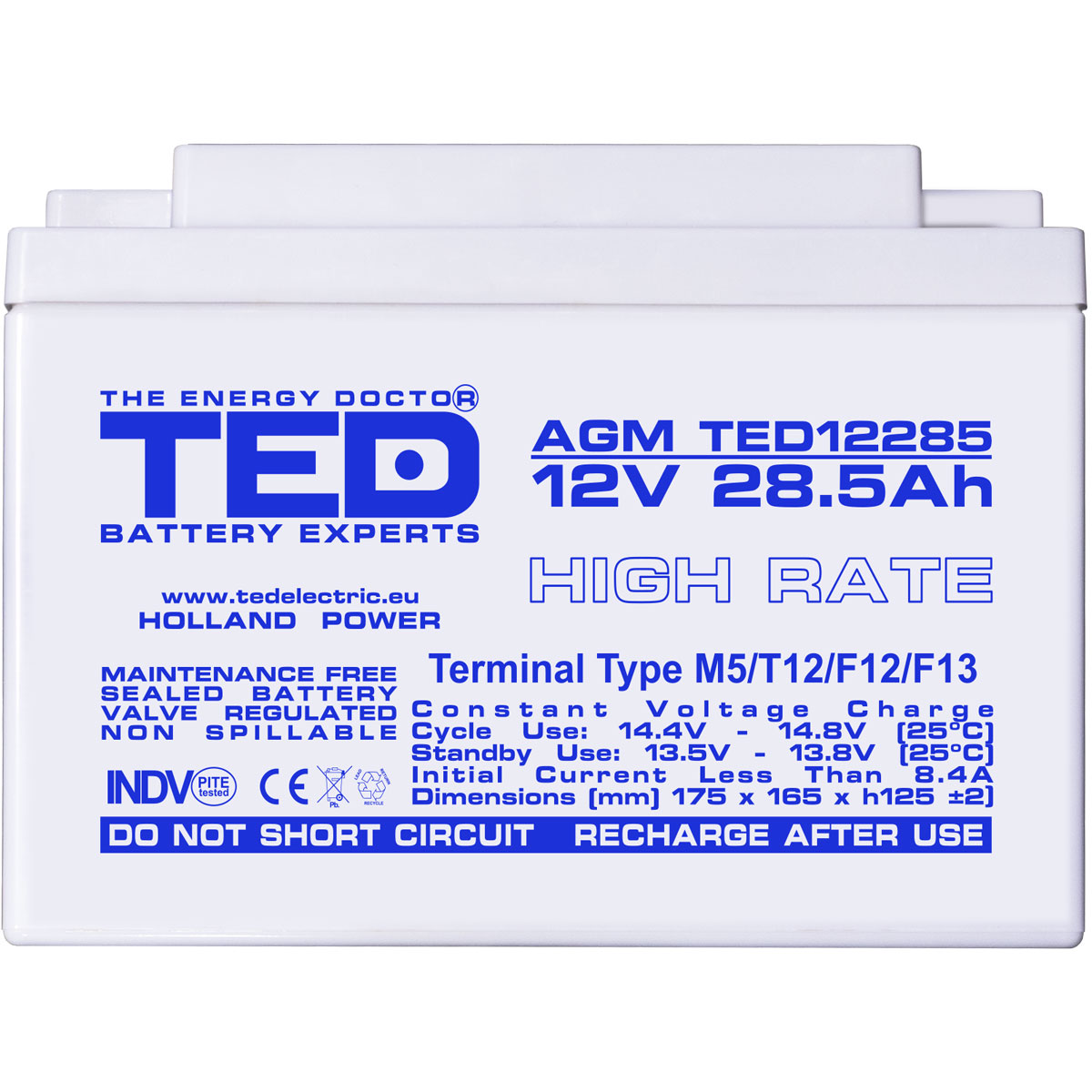 Acumulator AGM VRLA 12V 28,5Ah High Rate Dimensiuni 175 x 165 x 125 mm mm M5 - TED003447 (1) - imagine 2
