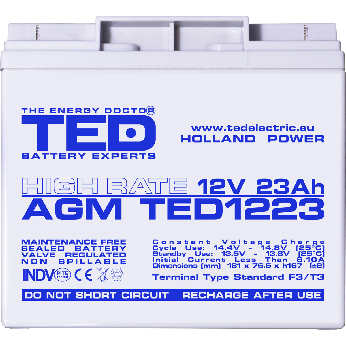 Acumulator AGM VRLA 12V 23Ah High Rate Dimensiuni 181 x 76,5 x 167 mm F3 - TED003348 (2) - imagine 2
