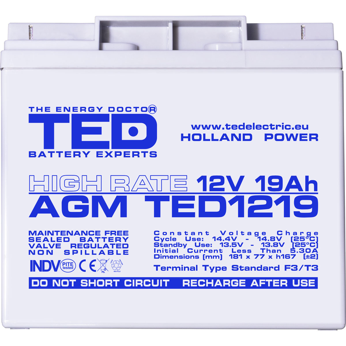 Acumulator AGM VRLA 12V 19Ah High Rate Dimensiuni 181 x 77 x 167 mm F3 - TED002815 (2) - imagine 2