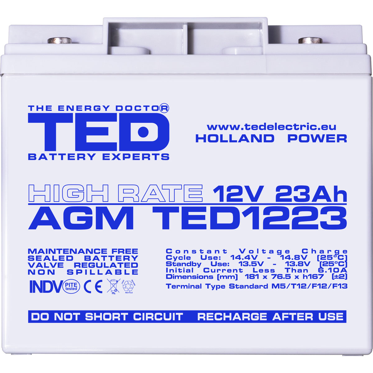 Acumulator AGM VRLA 12V 23Ah High Rate Dimensiuni 181 x 76,5 x 167 mm M5 - TED003362 (2) - imagine 2