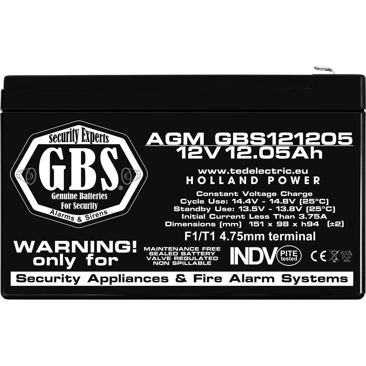 Acumulator AGM VRLA 12V 12,05Ah Dimensiuni 178 x 35 x 60 mm Sisteme Securitate F1 GBS - GBS002693 (4) - imagine 2