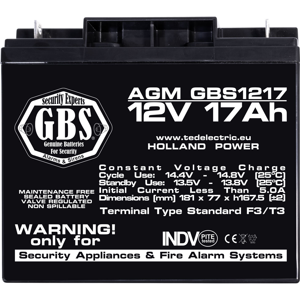 Acumulator AGM VRLA 12V 17Ah Dimensiuni 181 x 77 x 167,5 mm Sisteme Securitate F3 GBS - GBS002679 (2) - imagine 2