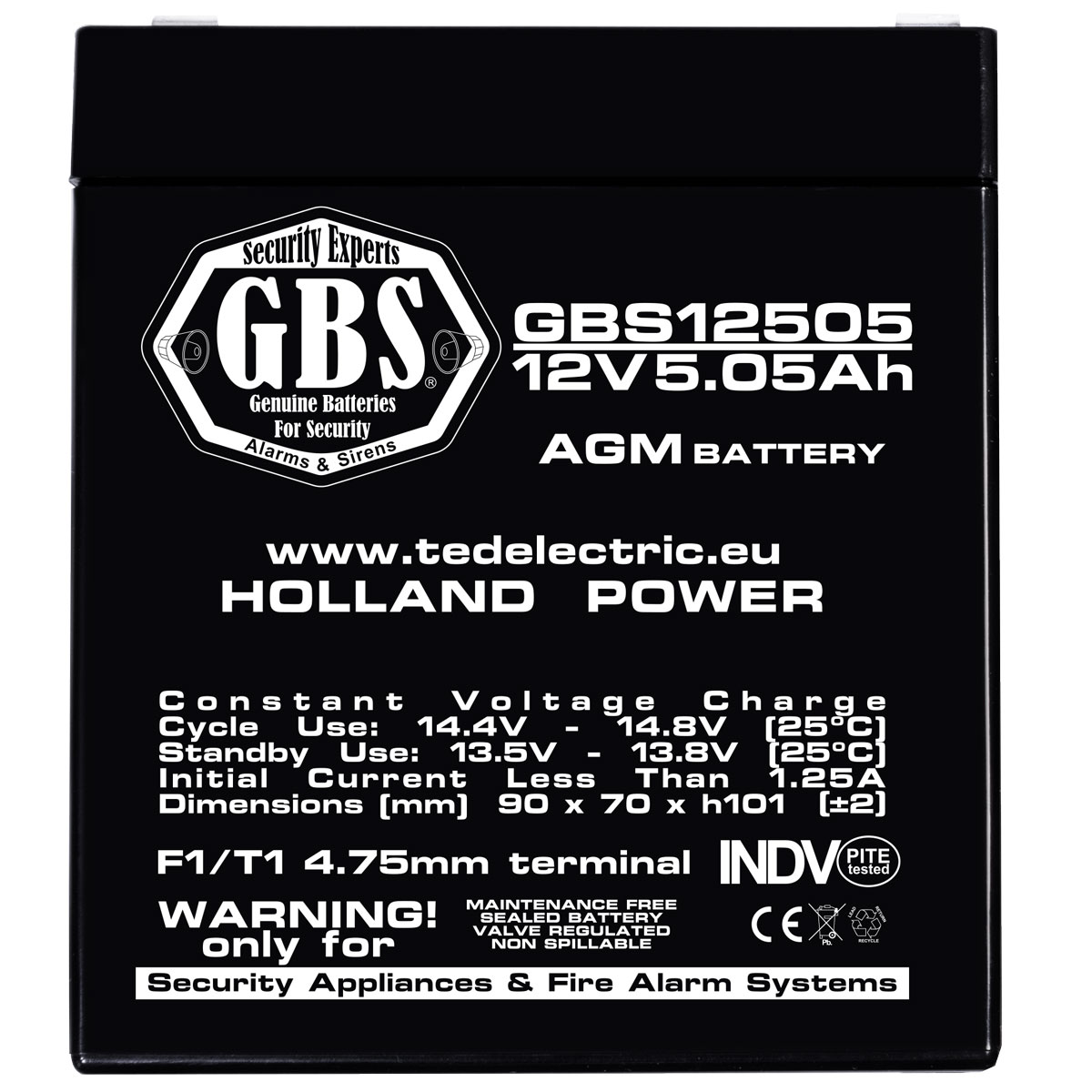 Acumulator AGM VRLA 12V 5,05Ah Dimensiuni 90 x 70 x 101 mm Sisteme Securitate F1 GBS - GBS002631 (10) - imagine 2