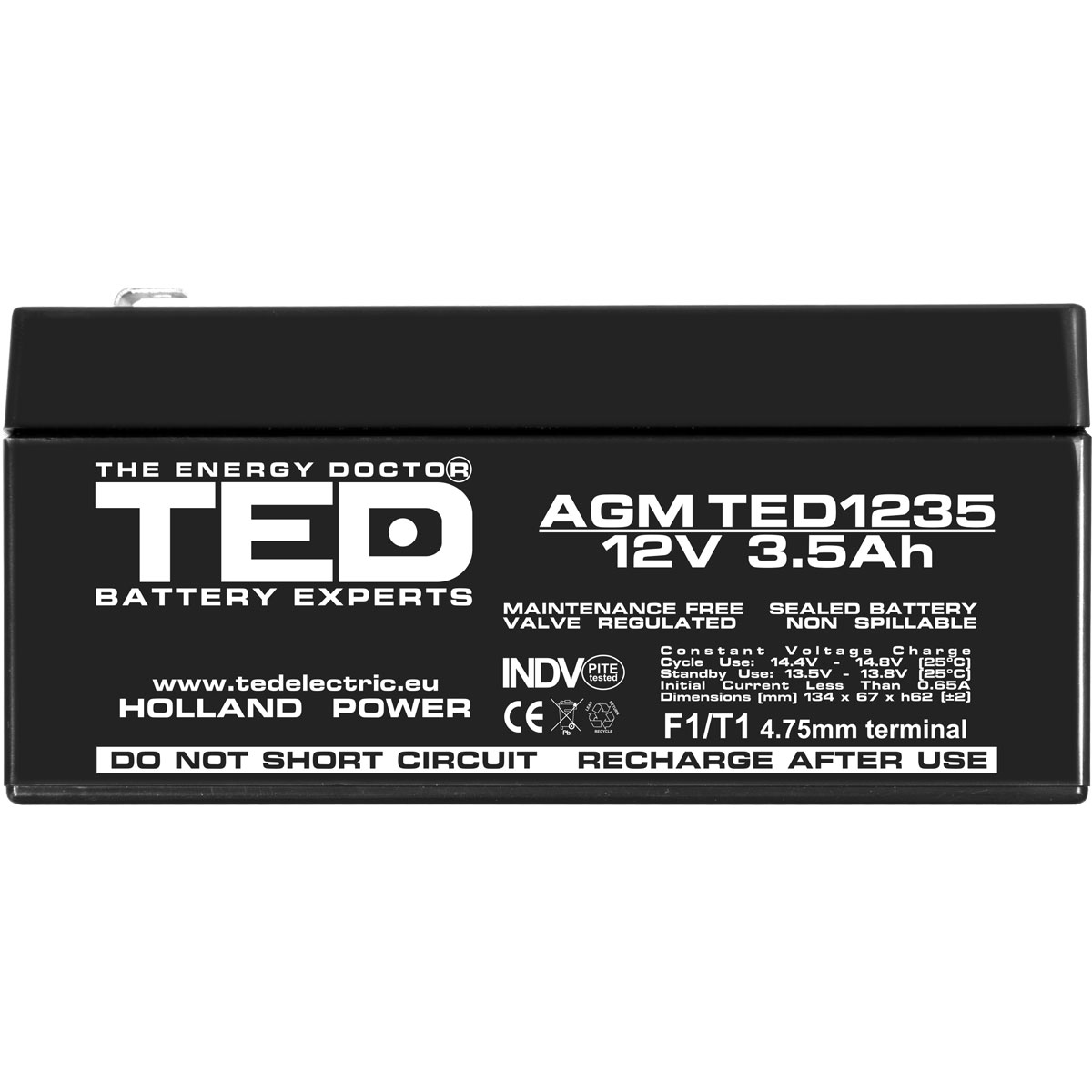 Acumulator AGM VRLA 12V 3,5Ah Dimensiuni 134 x 67 x 62 mm F1 - TED003133 (10) - imagine 2