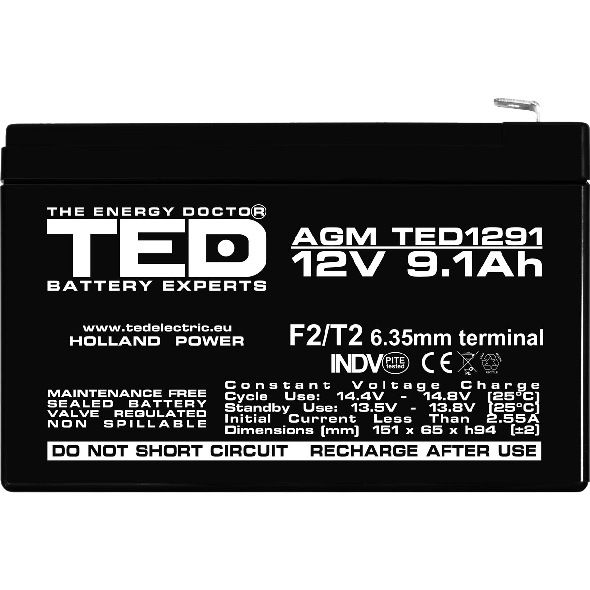 Acumulator AGM VRLA 12V 9,1Ah Dimensiuni 151 x 65 x 94 mm F2 - TED003263 (5) - imagine 2