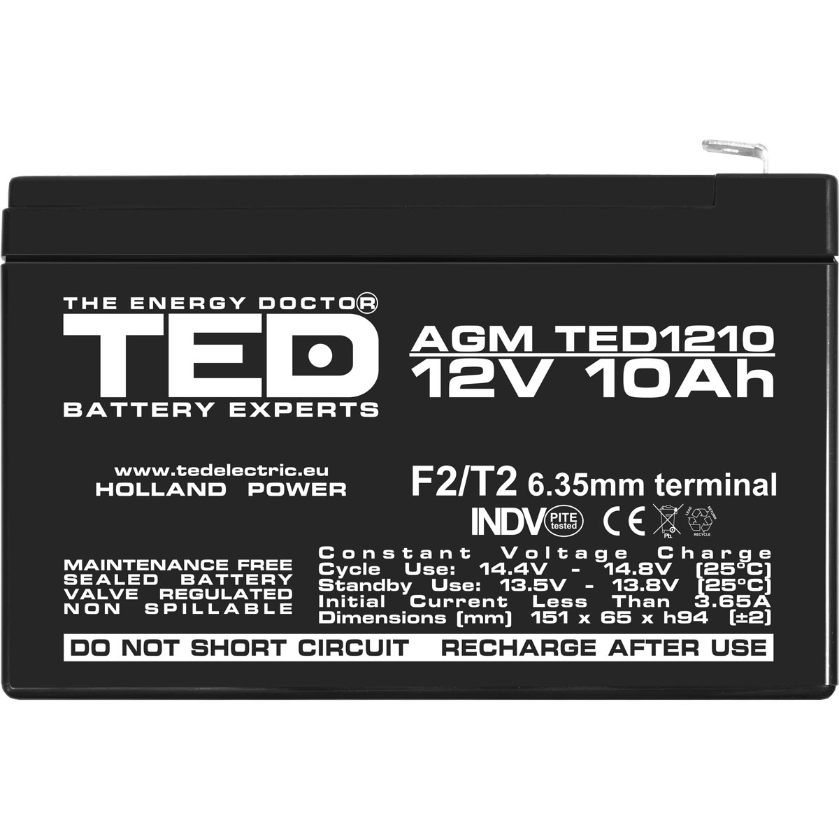 Acumulator AGM VRLA 12V 10Ah Dimensiuni 151 x 65 x 94 mm F2 - TED002730 (5) - imagine 2