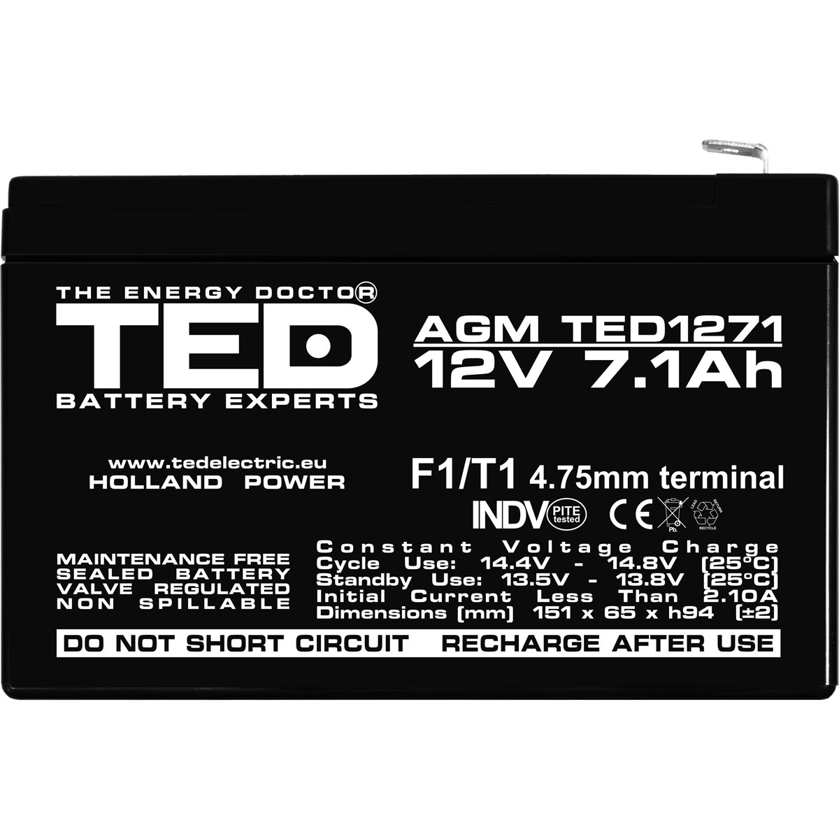 Acumulator AGM VRLA 12V 7,1Ah Dimensiuni 151 x 65 x 94 mm F1 - TED003416 (5) - imagine 2