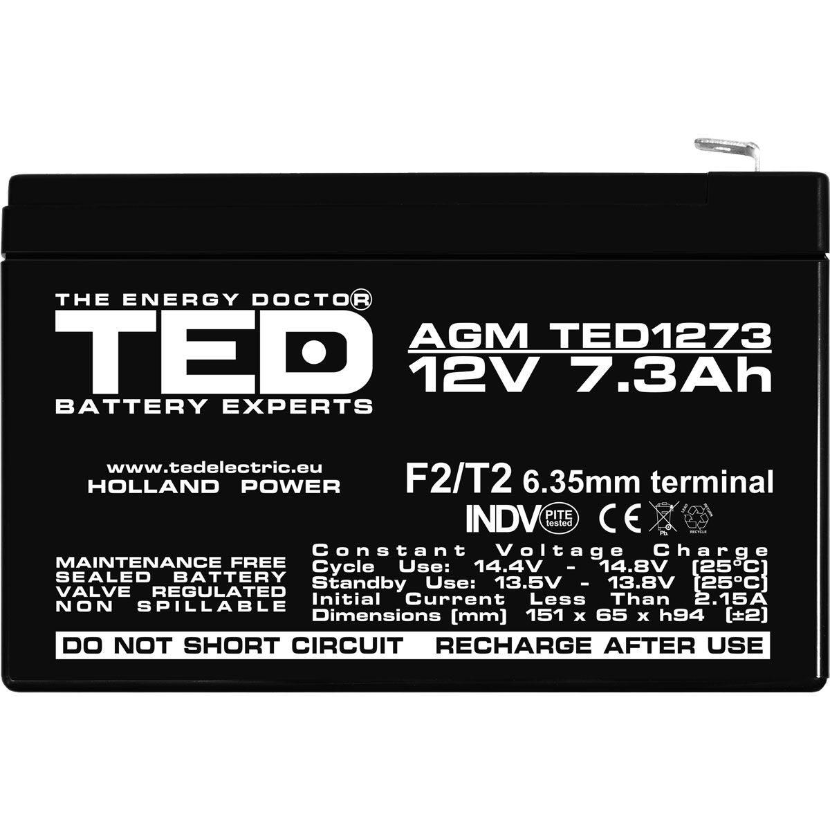 Acumulator AGM VRLA 12V 7,3Ah Dimensiuni 151 x 65 x 94 mm F2 - TED003249 (5) - imagine 2