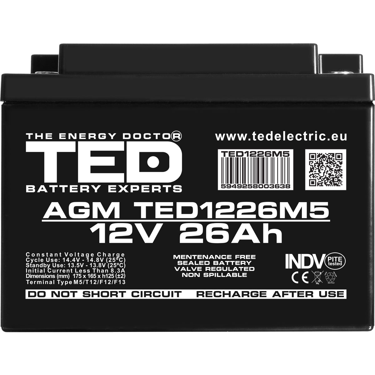 Acumulator AGM VRLA 12V 26Ah Dimensiuni 175 x 165 x 125 mm M5 - TED003638 (1) - imagine 2