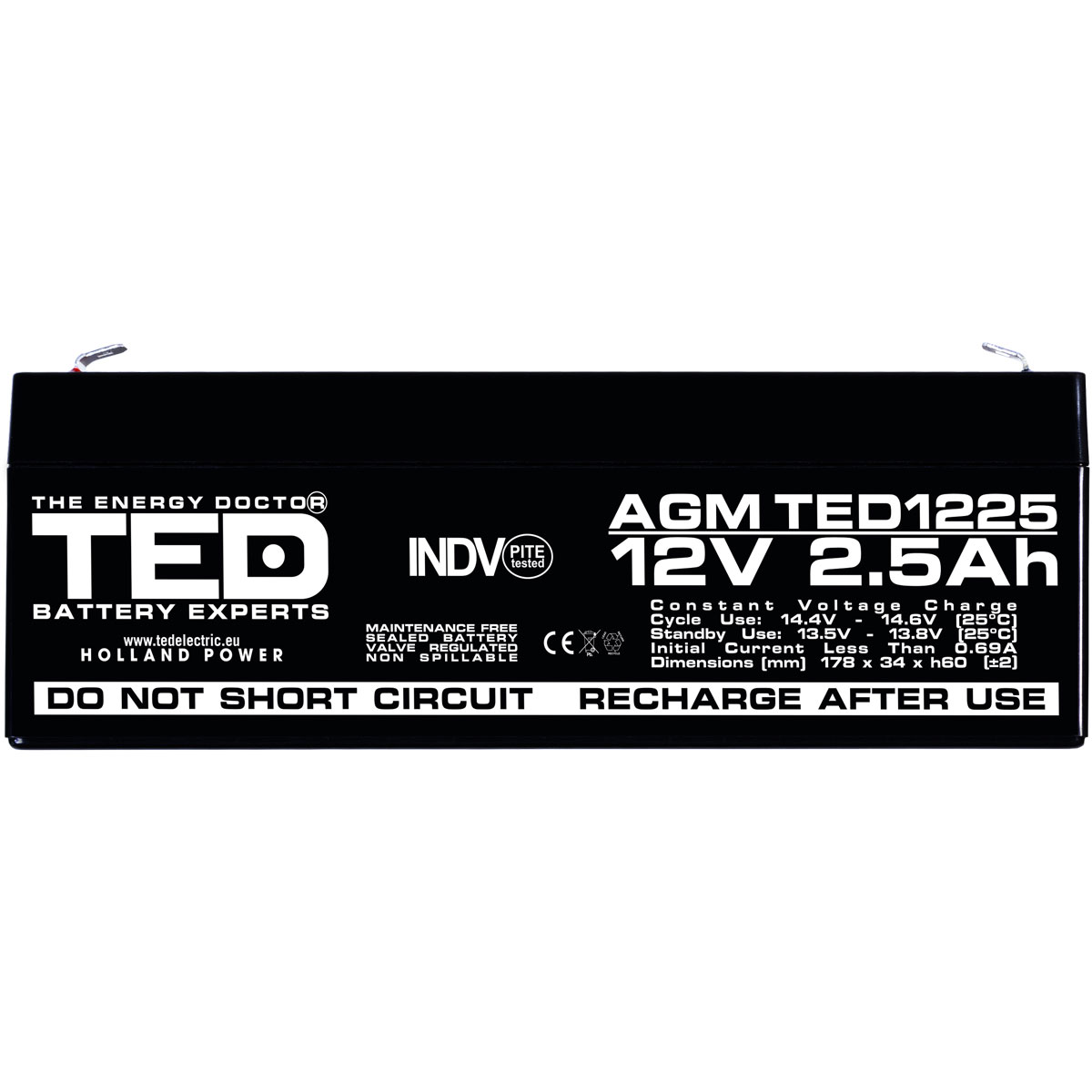 Acumulator AGM VRLA 12V 2,5Ah Dimensiuni 178 x 34 x 60 mm F1 - TED003096 (20) - imagine 2