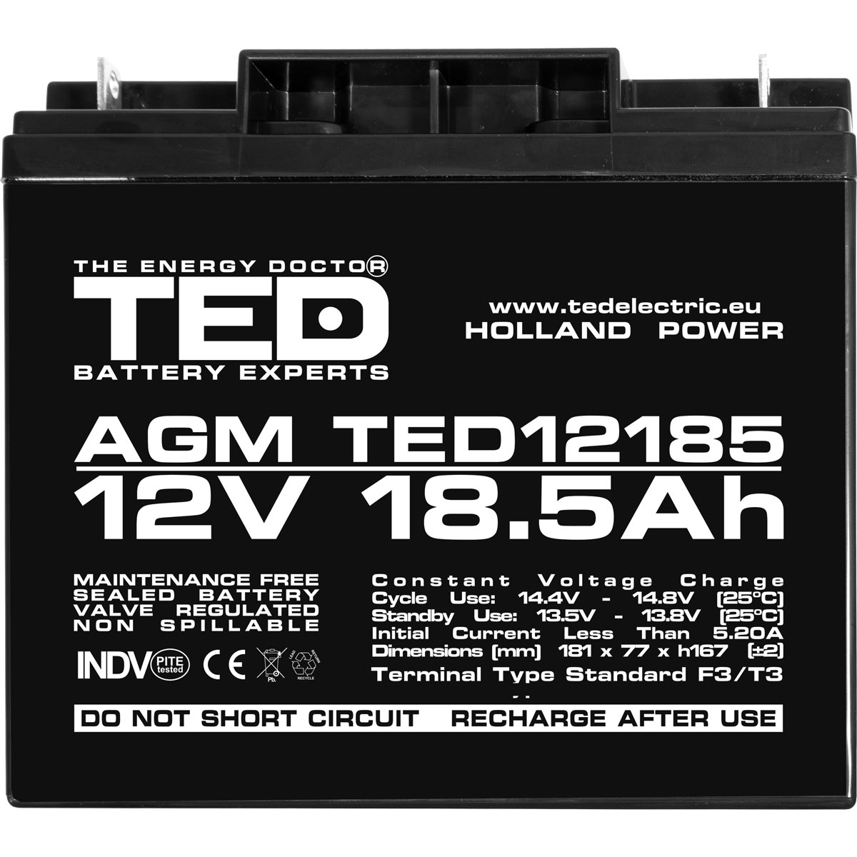 Acumulator AGM VRLA 12V 18,5Ah Dimensiuni 181 x 77 x 167 mm F3 - TED002778 (2) - imagine 2
