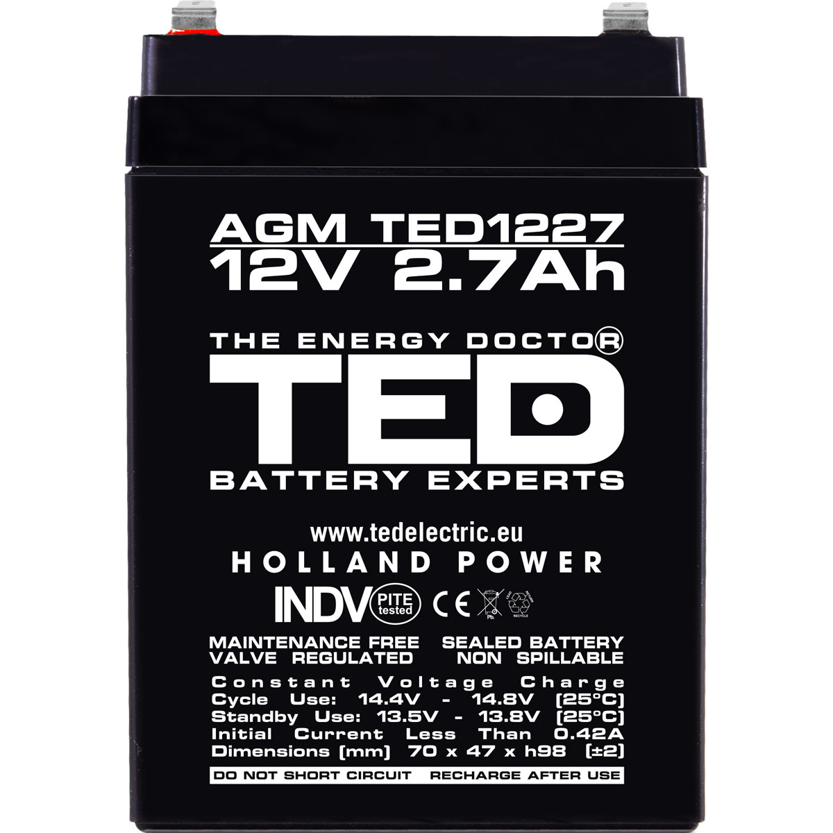 Acumulator AGM VRLA 12V 2,7Ah Dimensiuni 70 x 47 x 98 mm F1 - TED003119 (20) - imagine 2