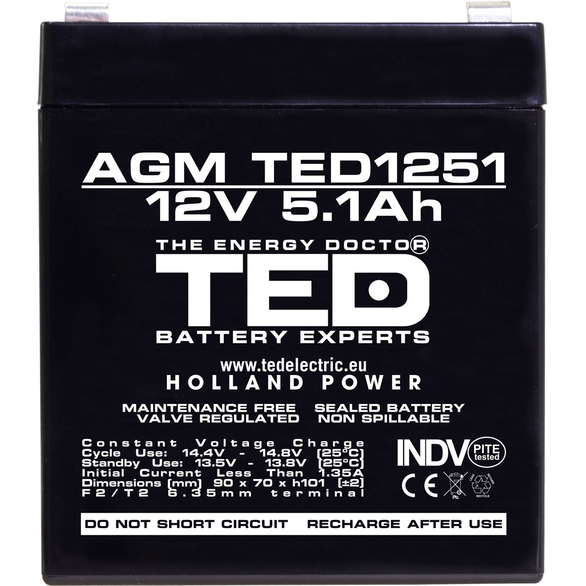 Acumulator AGM VRLA 12V 5,1Ah Dimensiuni 90 x 70 x 101 mm F2 - TED003157 (10) - imagine 2