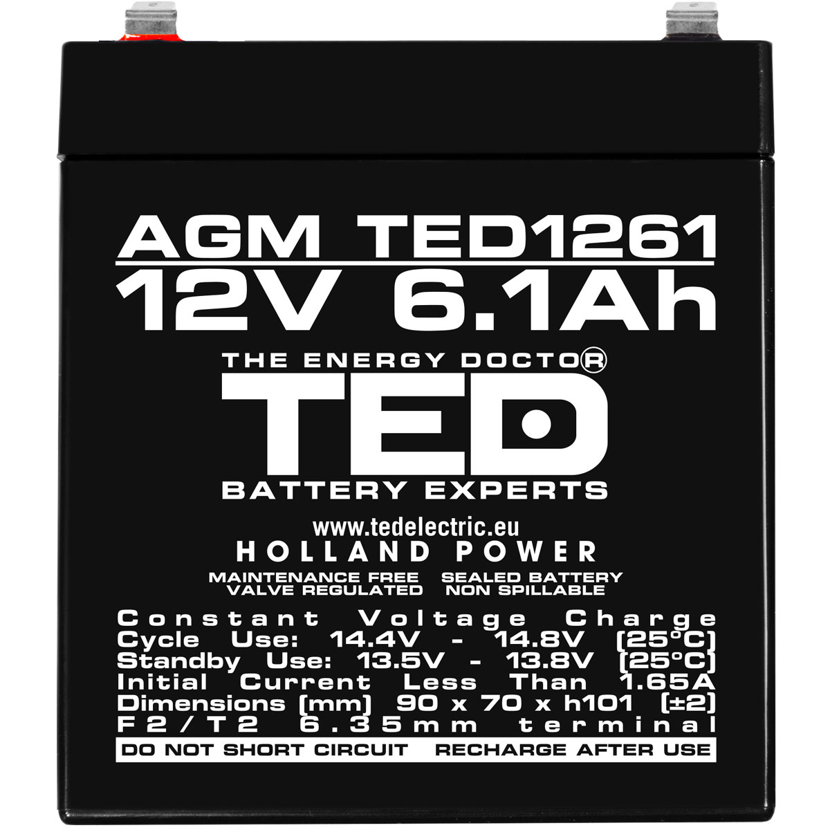 Acumulator AGM VRLA 12V 6,1Ah Dimensiuni 90 x 70 x 101 mm F2 - TED003171 (10) - imagine 2