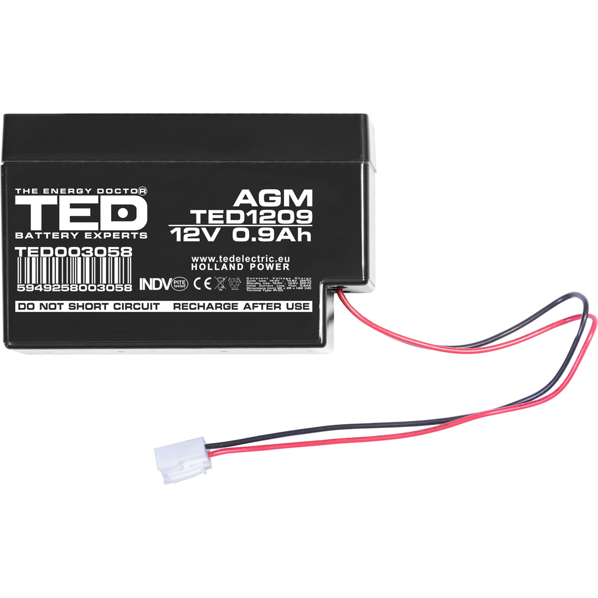 Acumulator AGM VRLA 12V 0,9Ah Dimensiuni 6 x 25 x 62 mm cu fir - TED003058 - imagine 2