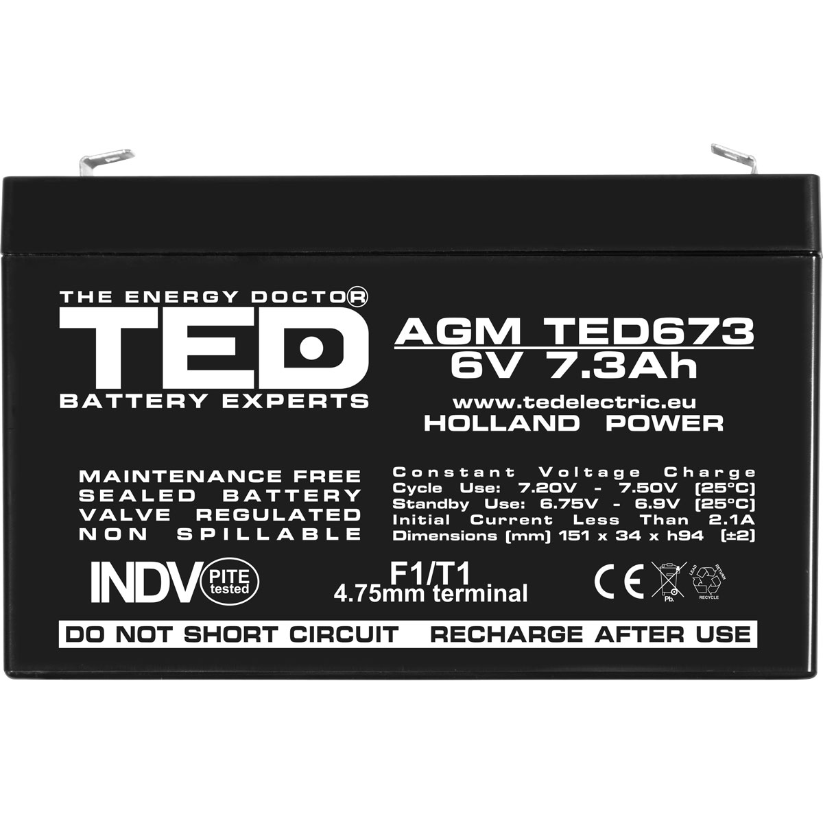 Acumulator AGM VRLA 6V 7,3Ah Dimensiuni 151 x 34 x 94 mm F1 - TED002976 (10) - imagine 2