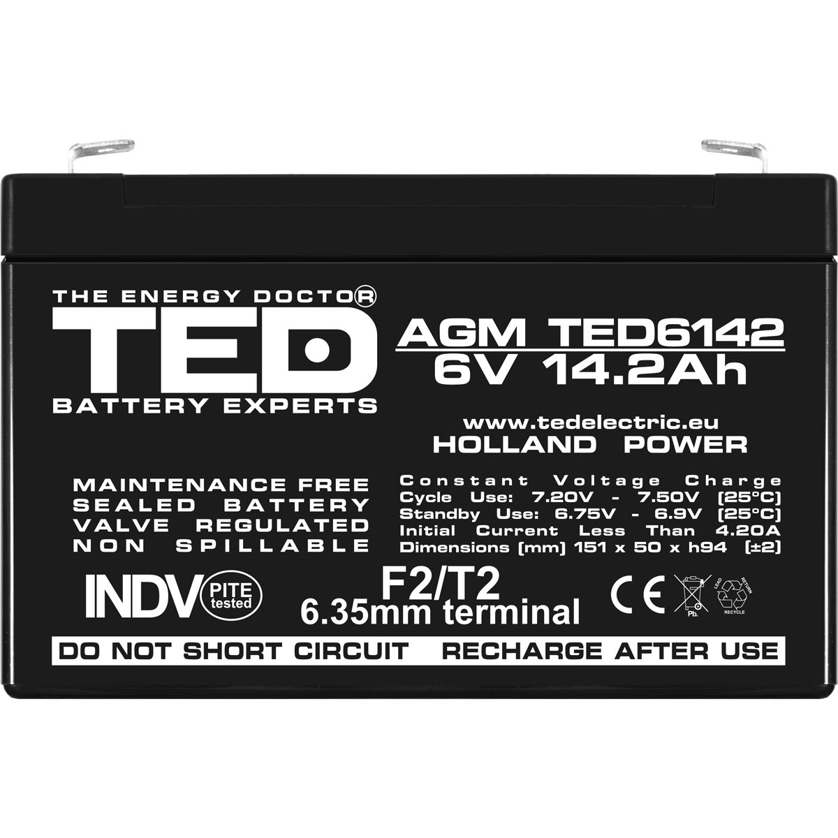 Acumulator AGM VRLA 6V 14,2Ah Dimensiuni 151 x 50 x 94 mm F2 - TED003034 (10) - imagine 2