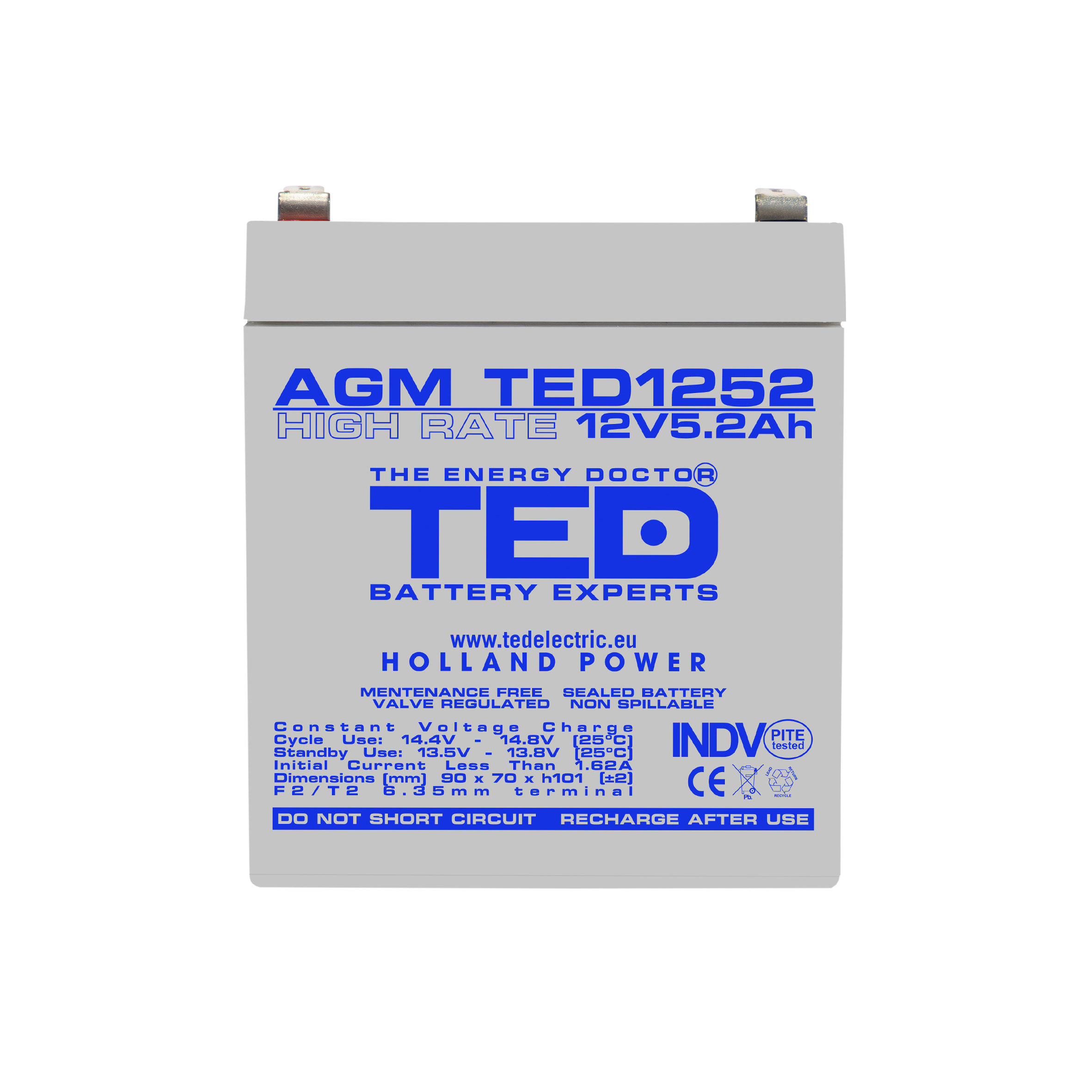 Acumulator AGM VRLA 12V 5,2Ah High Rate Dimensiuni 90 x 70 x 101 mm F2 - TED003287 (10) - imagine 2
