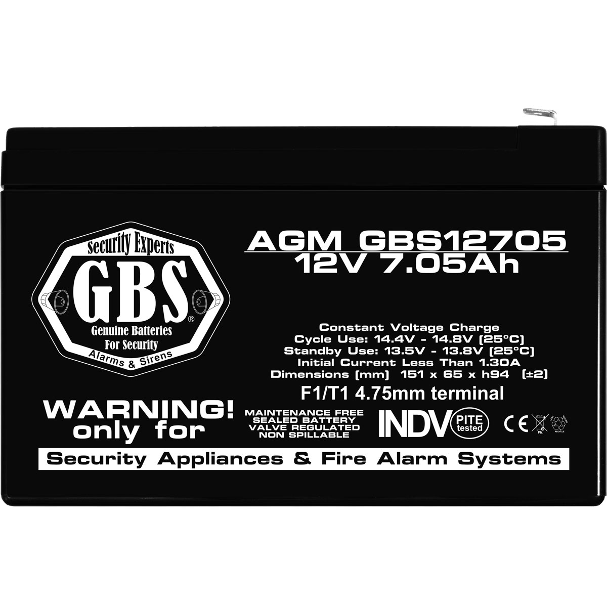 Acumulator AGM VRLA 12V 7,05Ah Dimensiuni 151 x 65 x 94 mm Sisteme Securitate F1 GBS - GBS002655 (5) - imagine 2