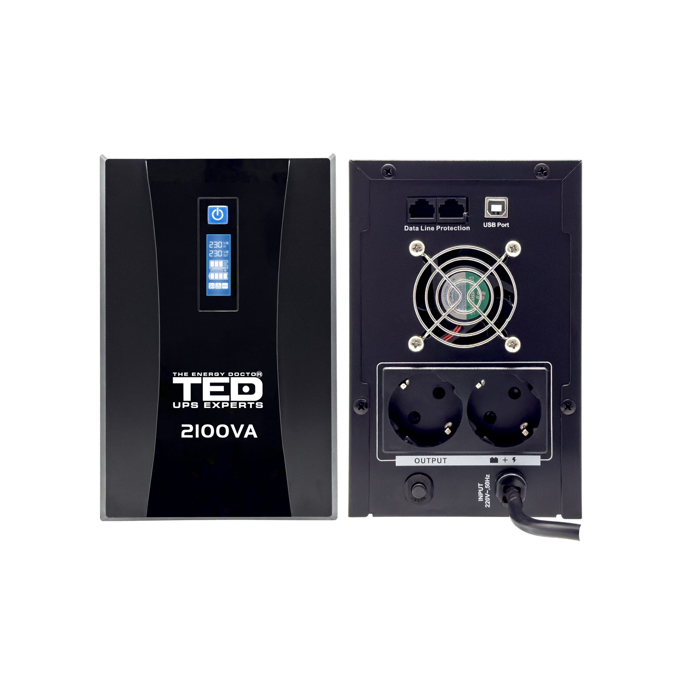 UPS 2100VA 1200W cu Stabilizator si Management, 2x Schuko, Ecran LCD si 2x Acumulator 12V 9Ah, TED Electric TED004659 - imagine 2